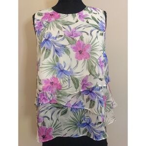 M&Co Women Ivory Multicolor Floral Tiered‎ Sleeveless Top Size 12